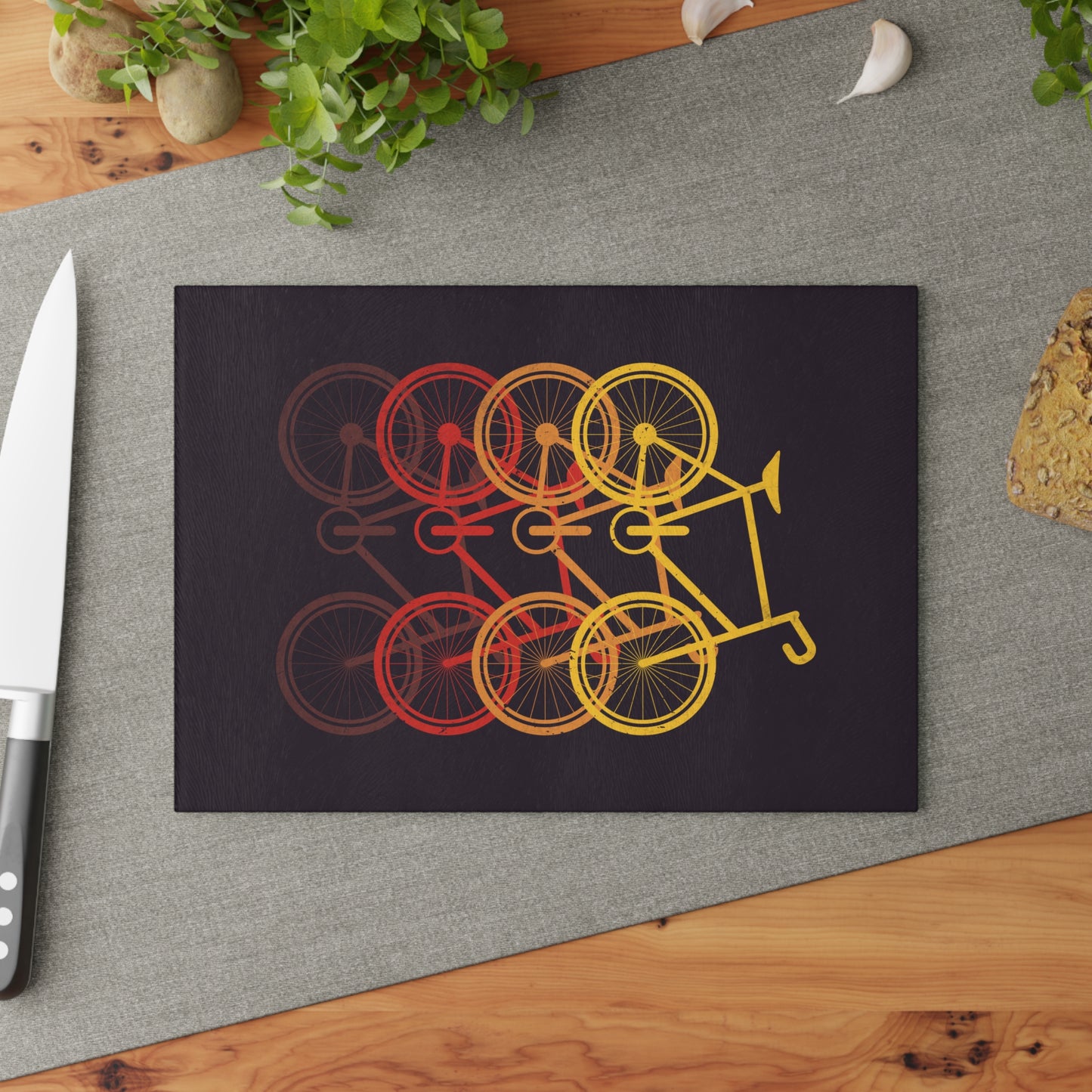 Retro Bicycle Glass Cutting Board - Layered Bike Motion Design, Cycling Kitchen Decor Gift