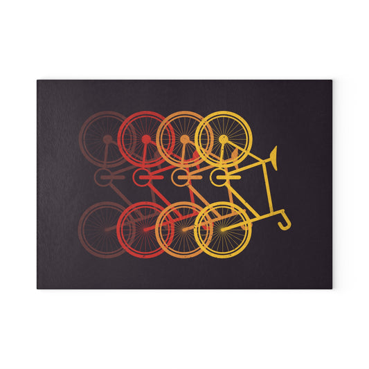 Retro Bicycle Glass Cutting Board - Layered Bike Motion Design, Cycling Kitchen Decor Gift