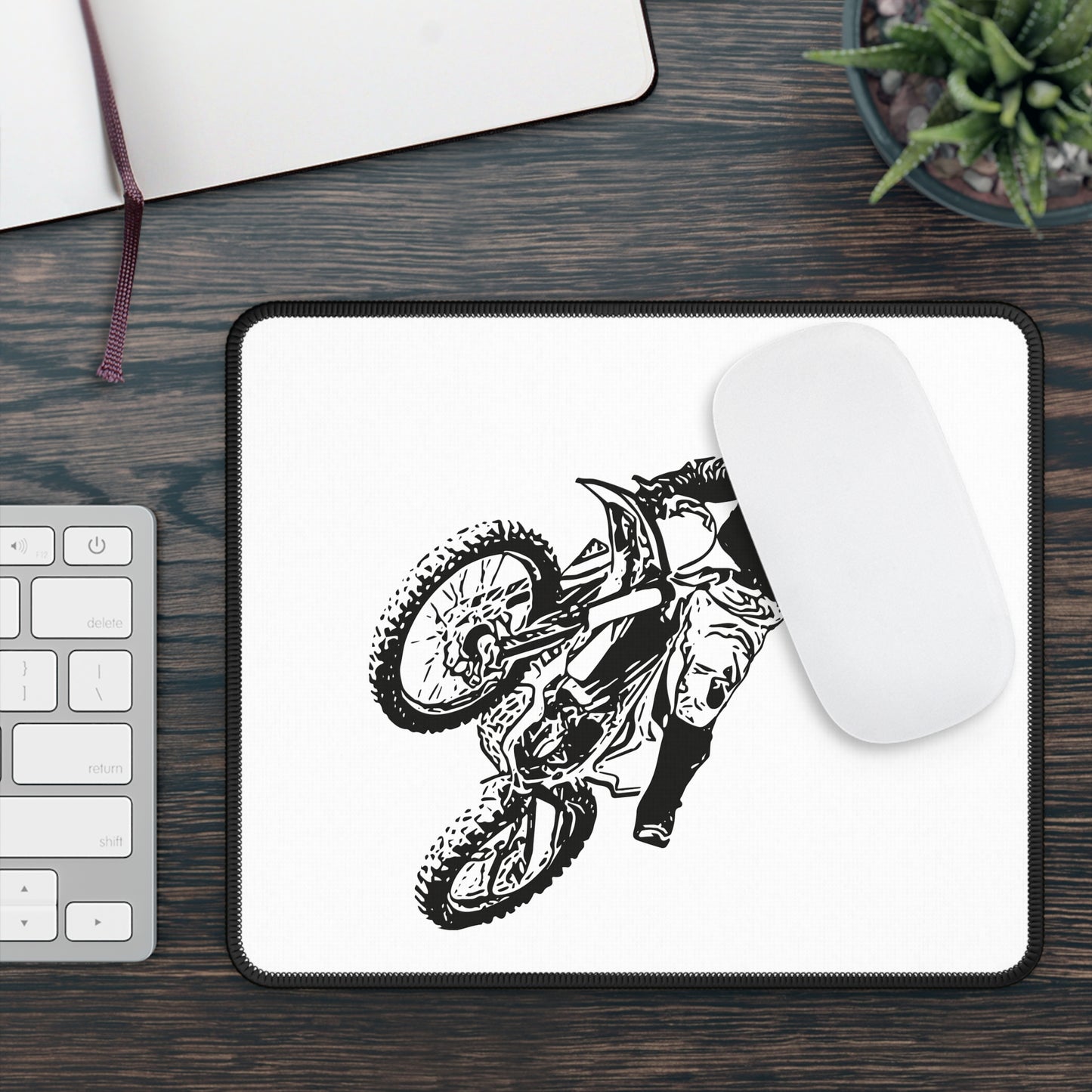 Minimal Dirt Bike Rider Mouse Pad - Black and White Cycling Desk Deco