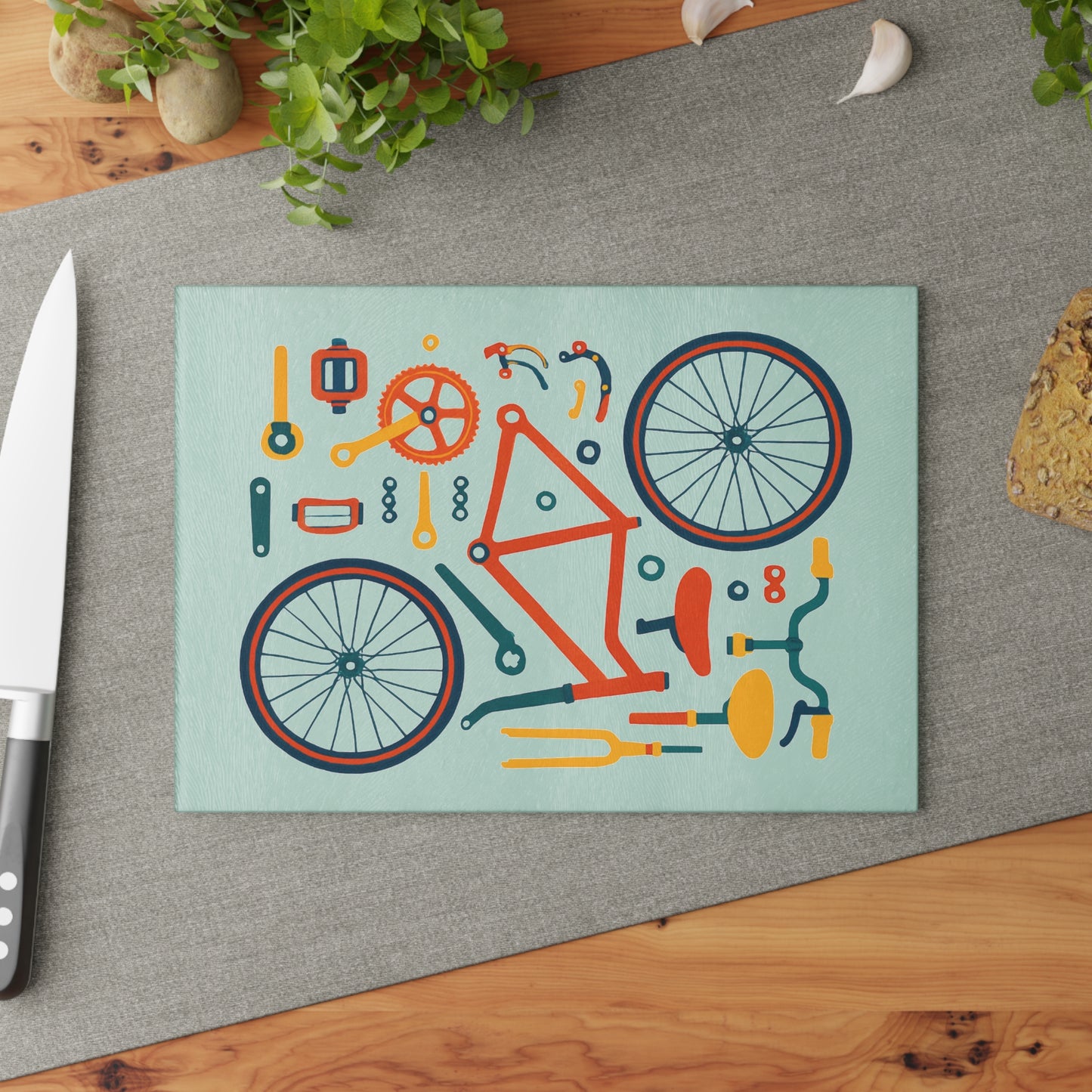 Bicycle Parts Glass Cutting Board - Cycling Kitchen Decor with Bike Components Illustration, Cyclist Gift, Modern Bike Art