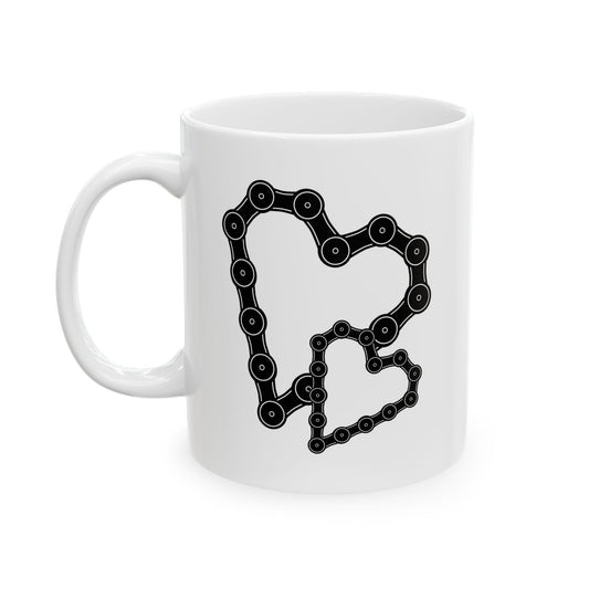 Chained Together Love Mug | Bicycle Chain Heart Art | Connected Coffee Moment