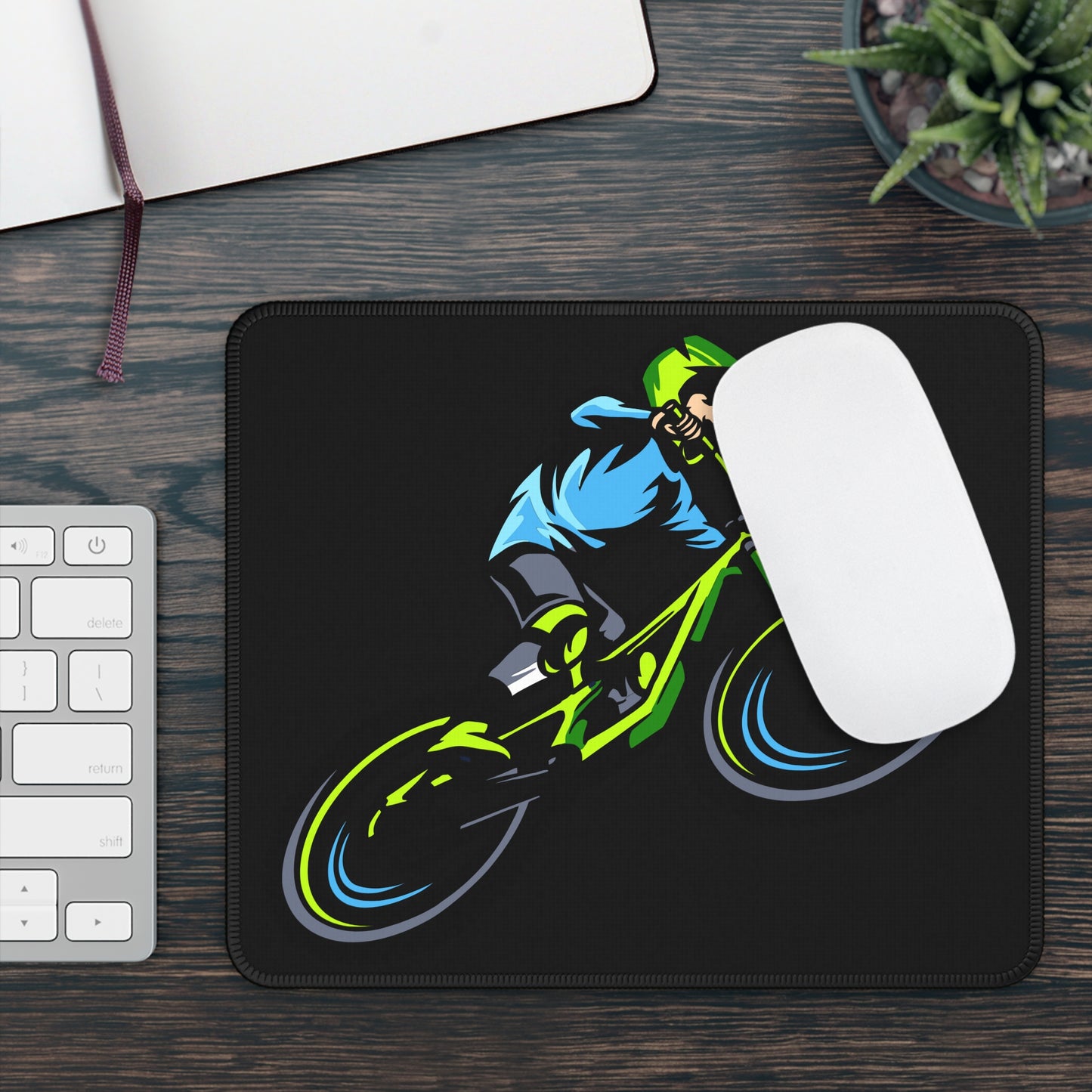 Neon Night Cyclist Mouse Pad - Graphic Bike Desk Decor