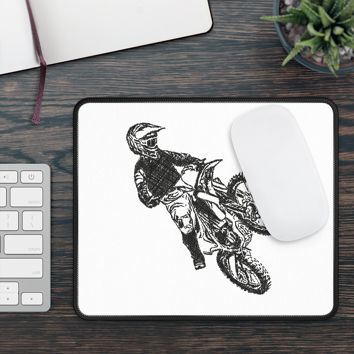 Minimal Motocross Rider Sketch Mouse Pad - Black and White Bike Desk Decor