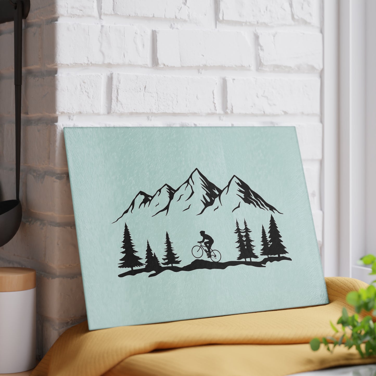 Mountain Cycling Glass Cutting Board - Minimalist Bike & Nature Design, Cycling Kitchen Decor Gift