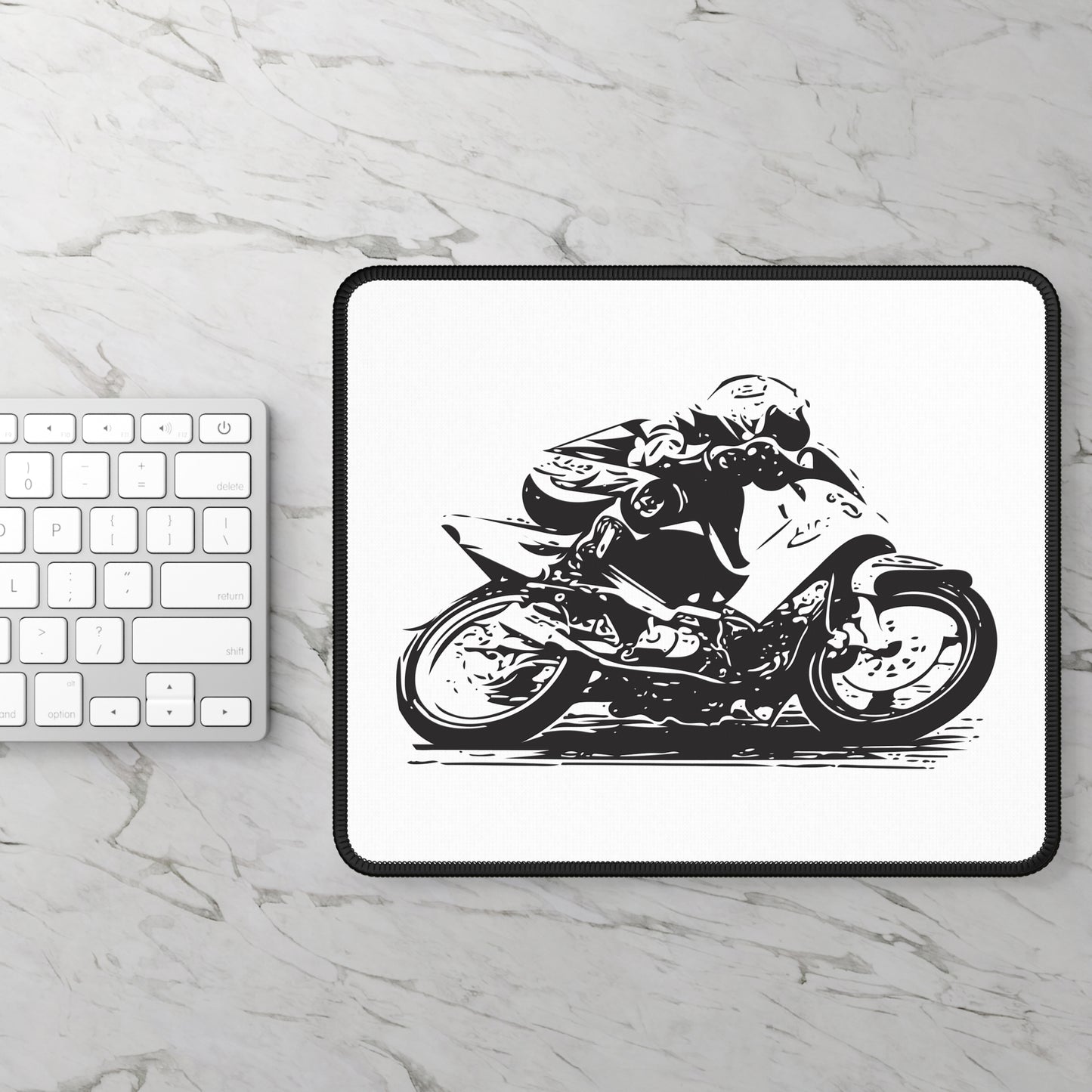 Sport Motorcycle Mouse Pad - Black and White Racing Bike Desk Decor, Rider Illustration, Motorbike Gift