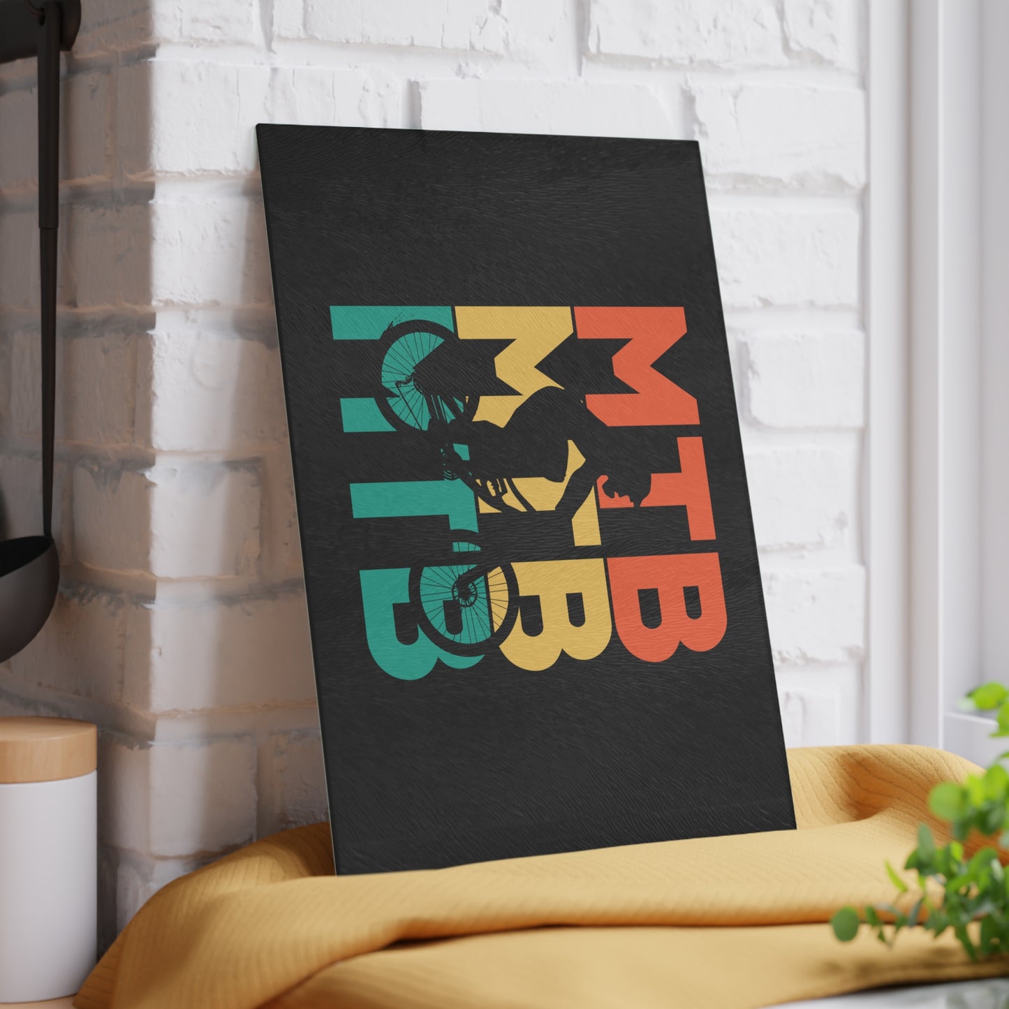 MTB Glass Cutting Board - Retro Mountain Bike Typography Design, Cycling Kitchen Decor Gift