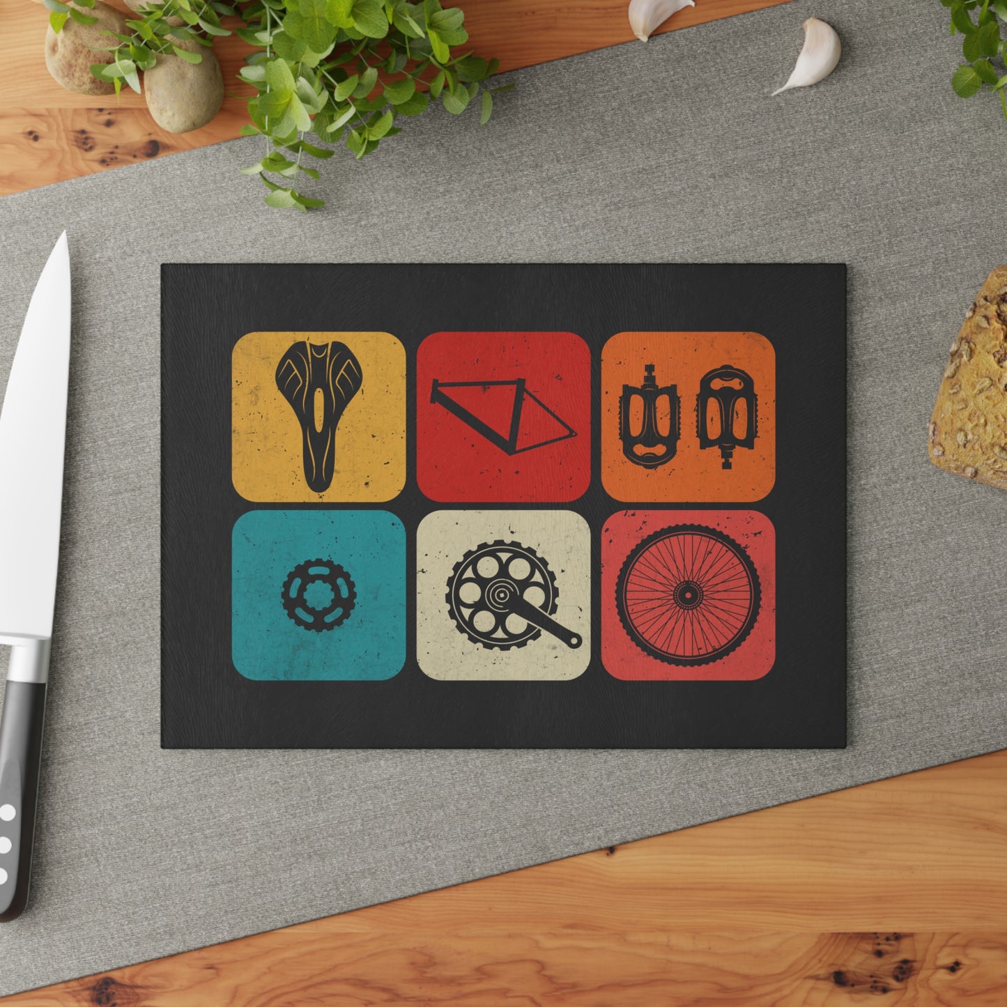 Cycling Glass Cutting Board - Bike Parts Kitchen Board, Bicycle Lover Gift, Modern Cycling Decor