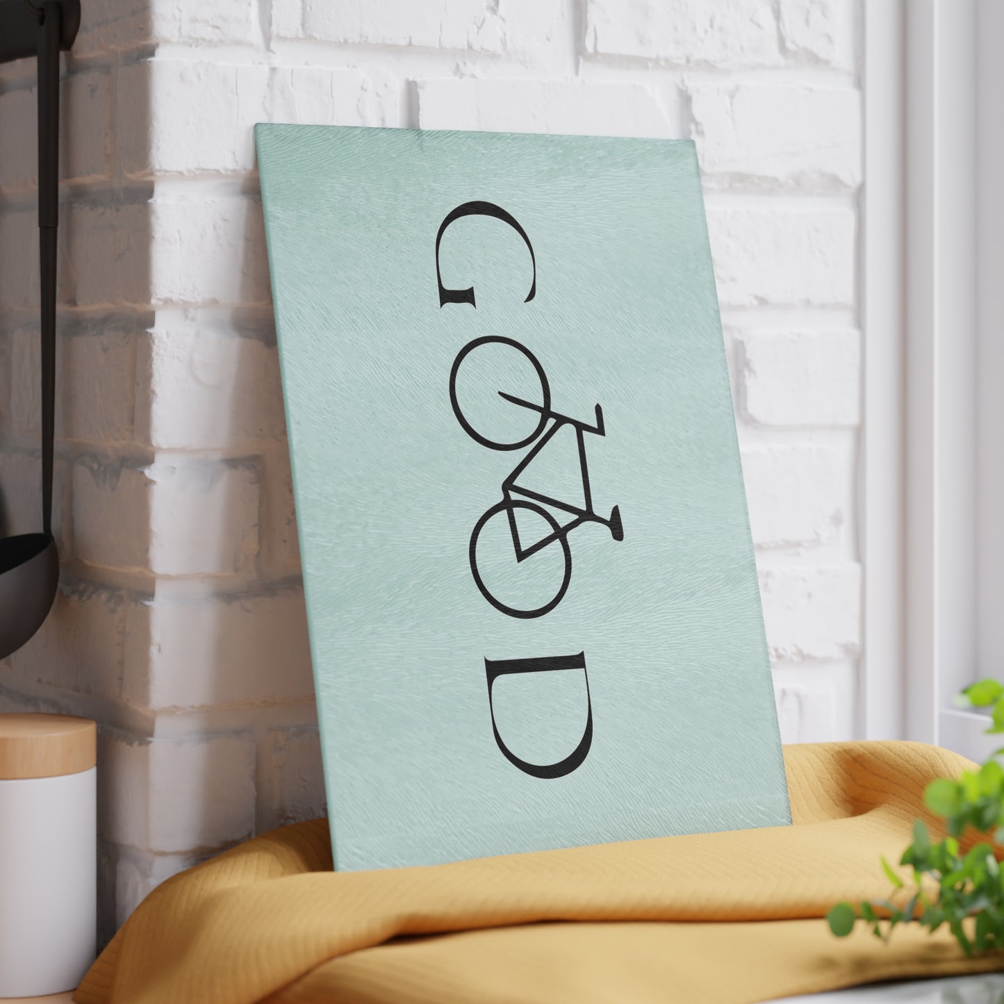 GOOD Bike Glass Cutting Board - Minimalist Bicycle Typography Design, Cycling Kitchen Decor Gift