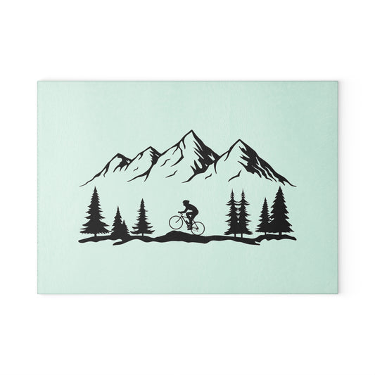 Mountain Cycling Glass Cutting Board - Minimalist Bike & Nature Design, Cycling Kitchen Decor Gift