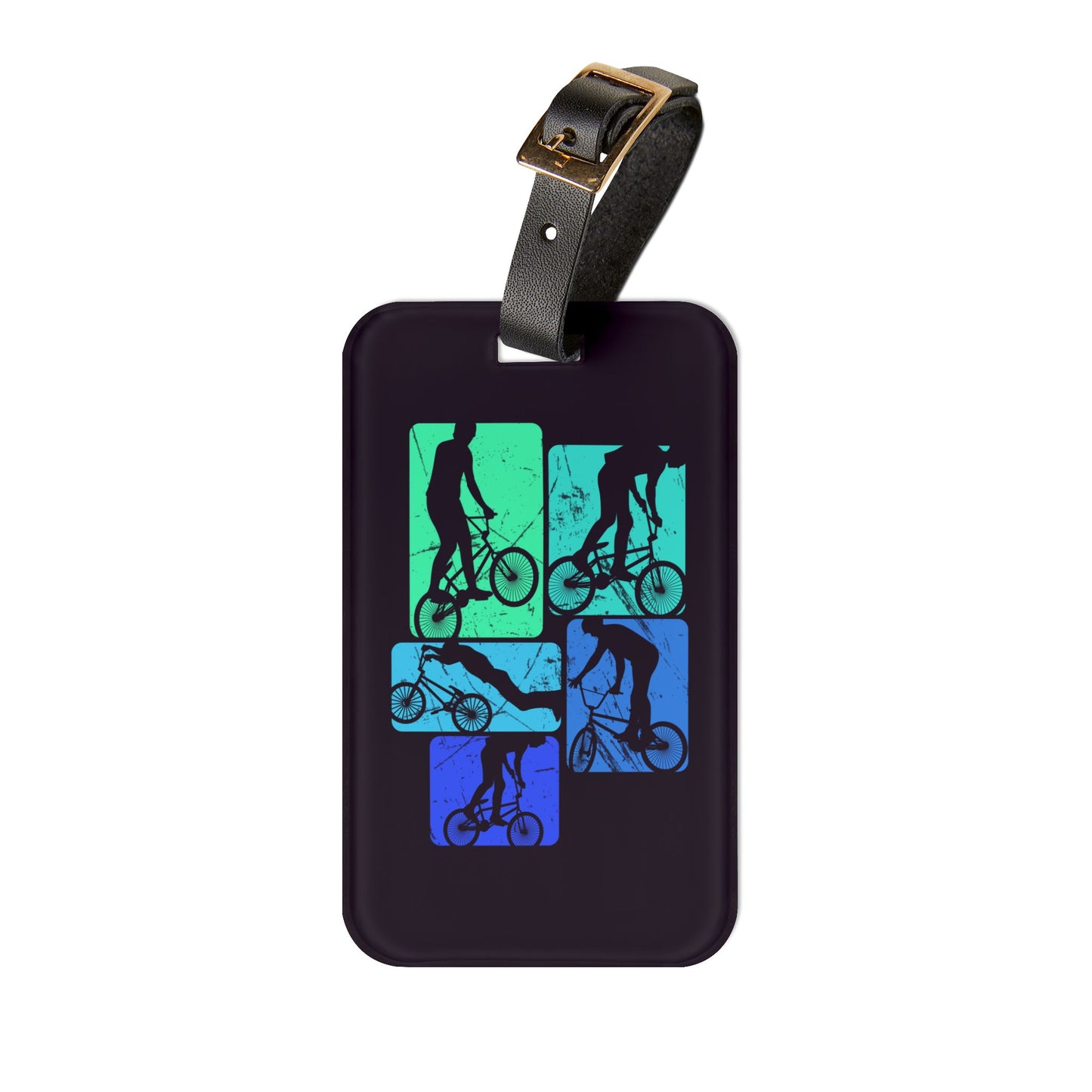 BMX Luggage Tag - Blue Retro BMX Rider Silhouettes, Cycling Travel Tag for Bike Lovers