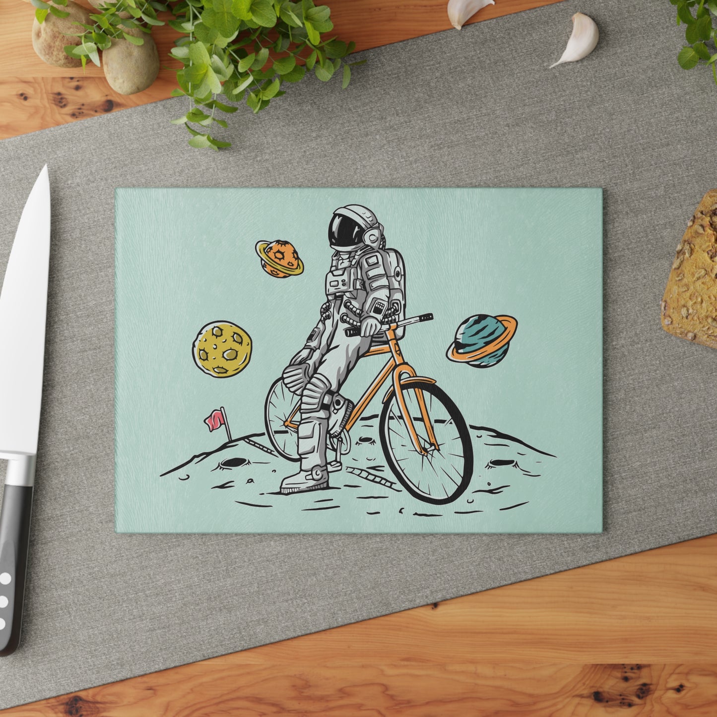Astronaut Cycling Glass Cutting Board - Space Bike Kitchen Board for Cyclists & Sci-Fi Fans