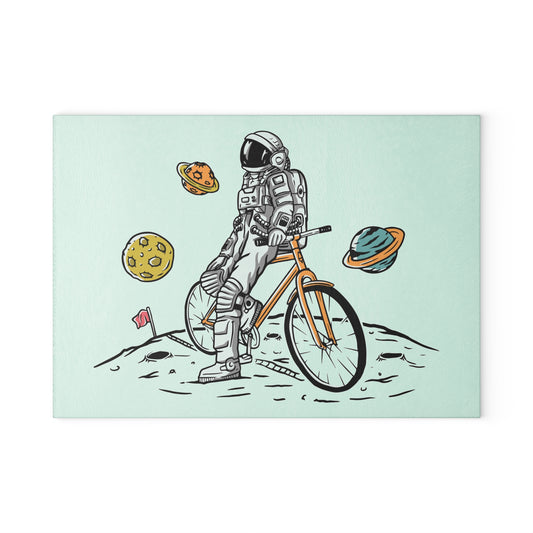 Astronaut Cycling Glass Cutting Board - Space Bike Kitchen Board for Cyclists & Sci-Fi Fans
