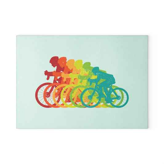 Colorful Cyclist Glass Cutting Board - Cycling Motion Art Kitchen Decor, Bike Lover Gift, Modern Bicycle Design