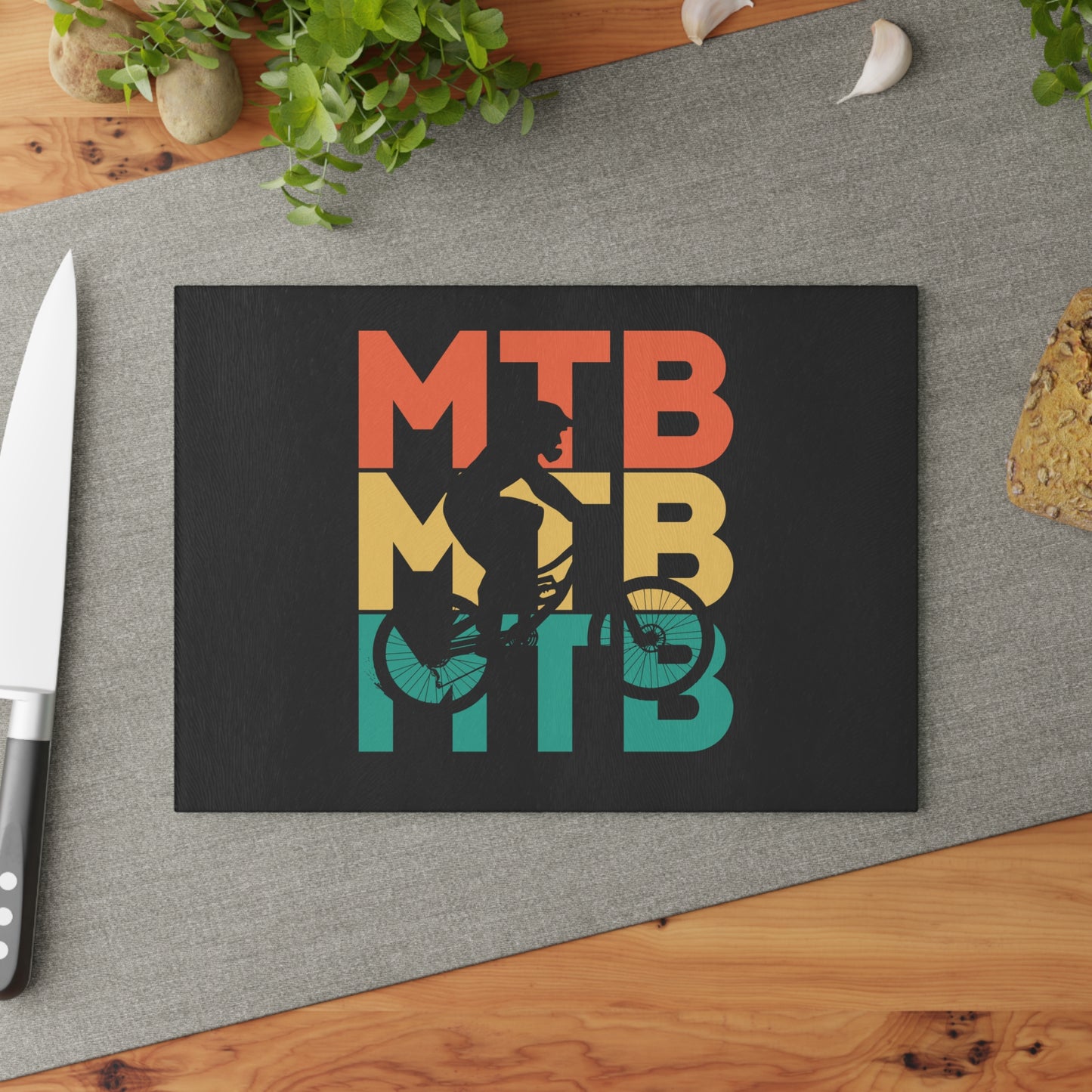 MTB Glass Cutting Board - Retro Mountain Bike Typography Design, Cycling Kitchen Decor Gift
