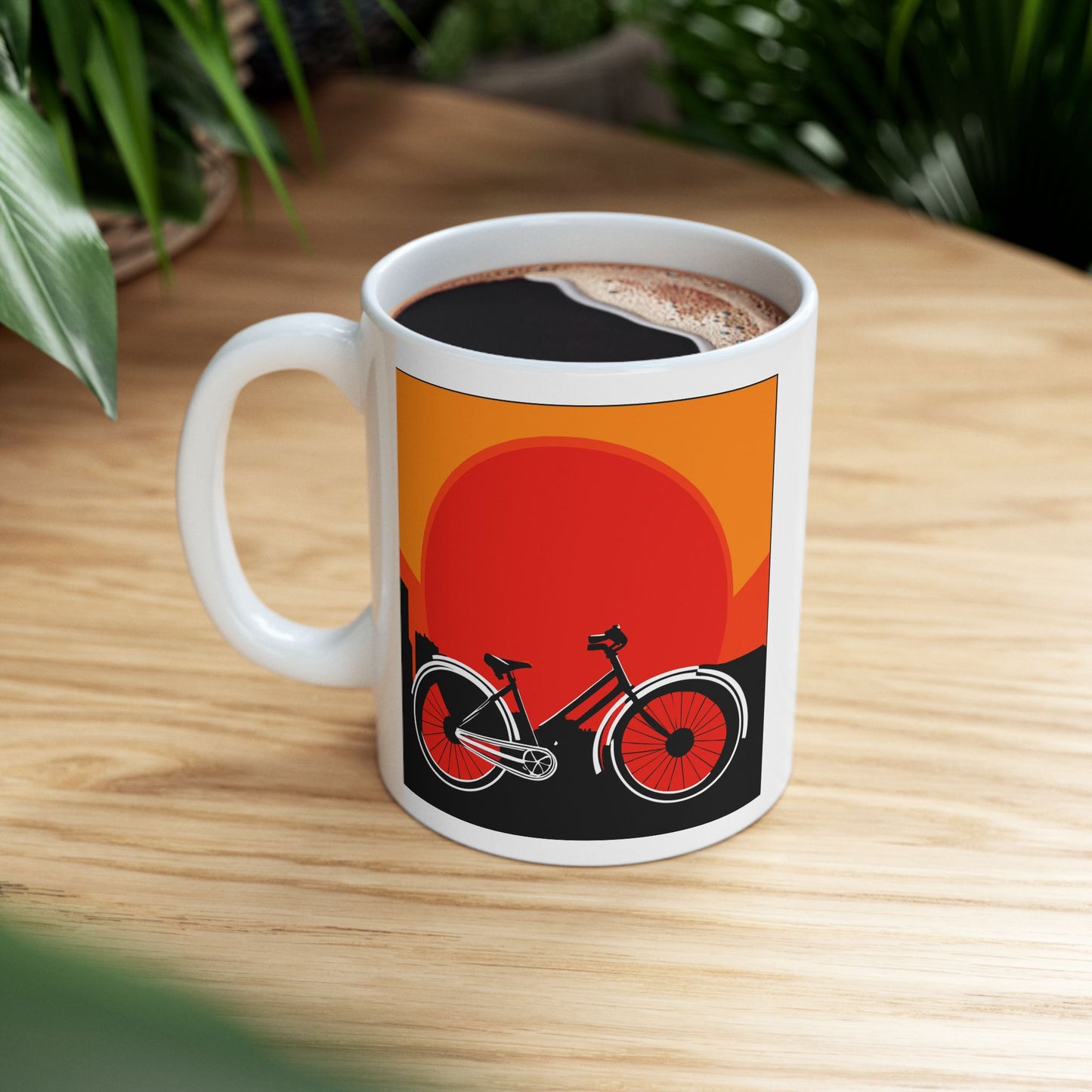 Sunset Street Cruiser Mug | Vintage Bicycle Silhouette Art | Warm Evening Coffee