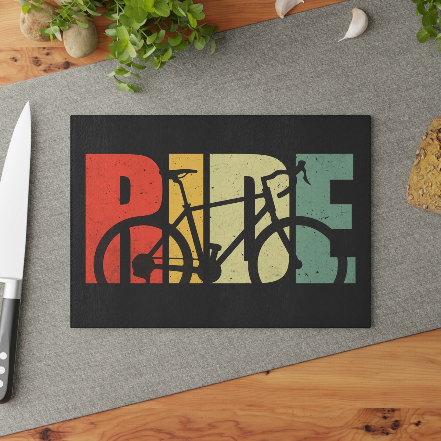 Ride Bicycle Glass Cutting Board - Cycling Kitchen Decor, Bike Lover Gift, Retro Bike Design, Cyclist Home Accent