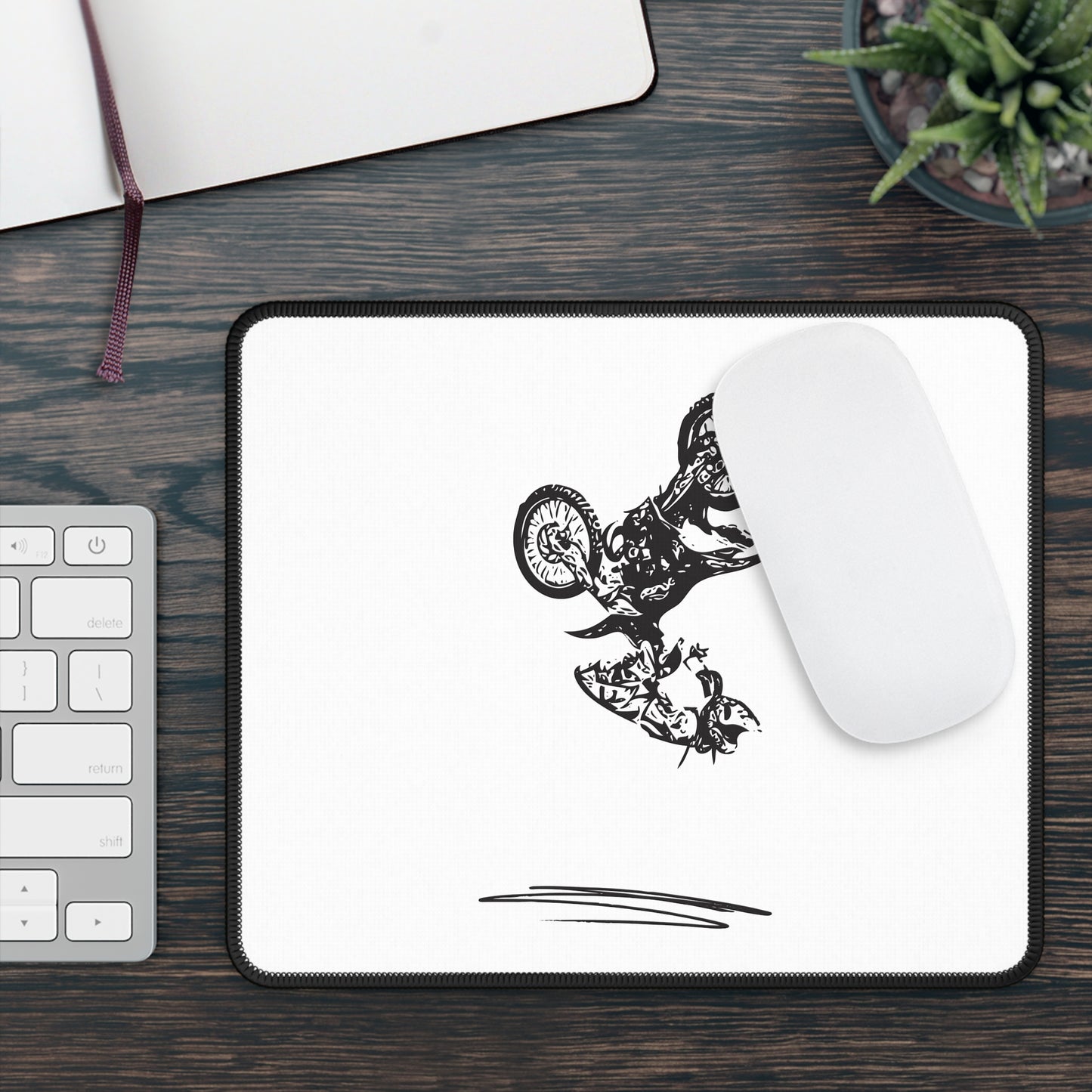 Cycling Trick Mouse Pad, Black and White Bike Art Desk Mat, Minimalist Cyclist Workspace Decor