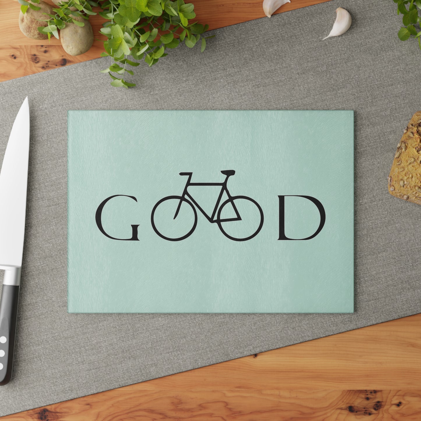 GOOD Bike Glass Cutting Board - Minimalist Bicycle Typography Design, Cycling Kitchen Decor Gift