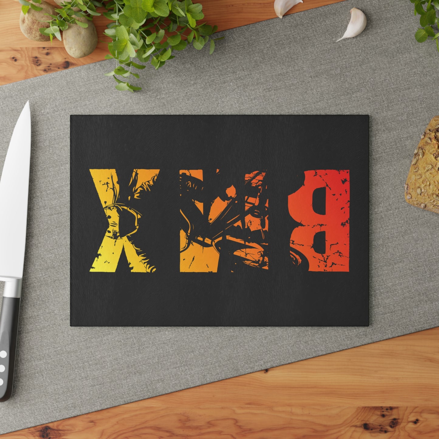 BMX Glass Cutting Board - Bold Cycling Typography Kitchen Decor, Urban Bike Art, Gift for BMX Riders