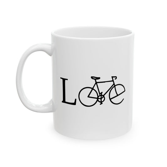 Love In Motion Bicycle Mug | Minimal Wordplay Cycling Art | Thoughtful Coffee Gift